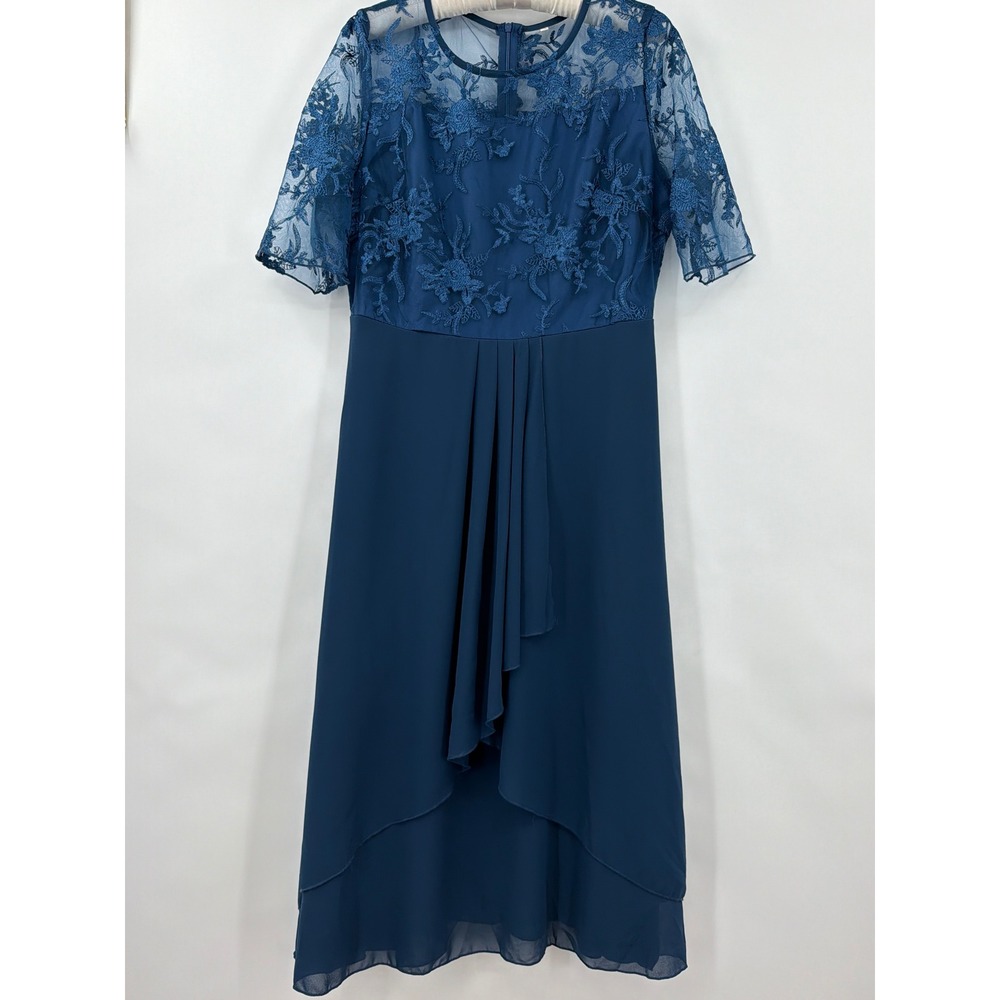 Teal Blue Lace Floral High Low Cocktail Dress Short Sleeve Size L